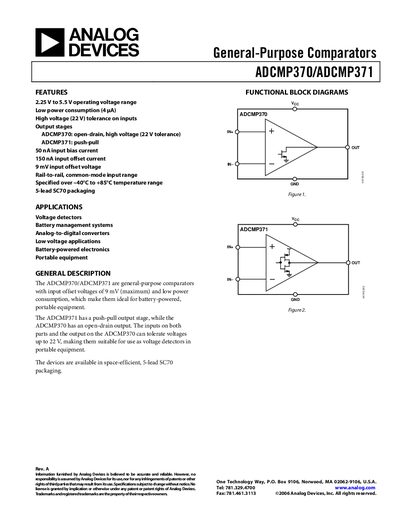 Analog Devices ADCMP370/ADCMP371 Comparator Datasheet - cover page