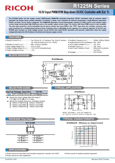RICOH R1225N Series 18.5V Input PWM/VFM Step-down DC/DC Controller with Ext. Tr Manual - cover page