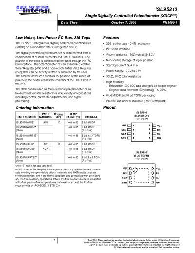 Intersil ISL95810 Single Digitally Controlled Potentiometer Datasheet - cover page