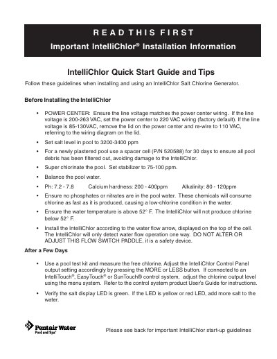 IntelliChlor Salt Chlorine Generator Quick Start Guide - cover page