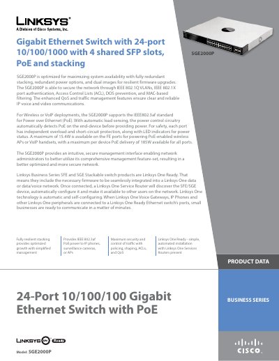 Linksys SGE2000P 24-Port Gigabit Ethernet Switch with PoE Product Data Sheet - cover page