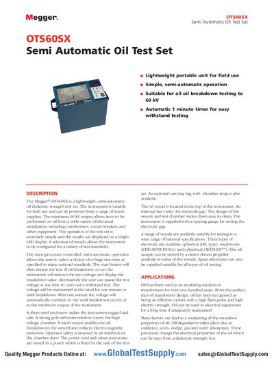 Megger OTS60SX Semi Automatic Oil Test Set Datasheet - cover page