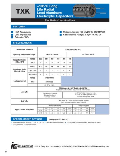 Illinois Capacitor TXK +105°C Long Life Radial Lead Aluminum Electrolytic Capacitors Datasheet - cover page