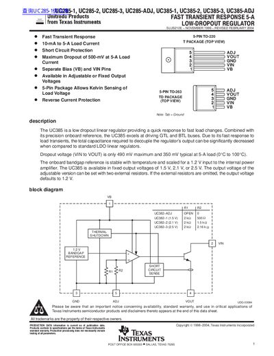 Texas Instruments UC285/UC385 Low-Dropout Regulator Datasheet