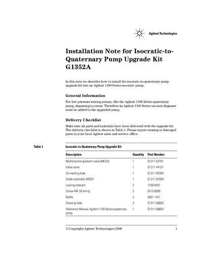 Agilent G1352A Isocratic-to-Quaternary Pump Upgrade Kit Installation Note - cover page