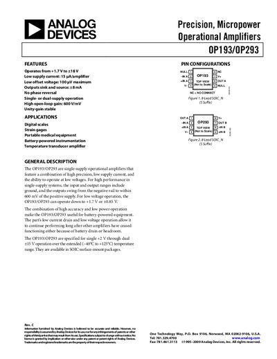 Analog Devices OP193/OP293 Datasheet - cover page
