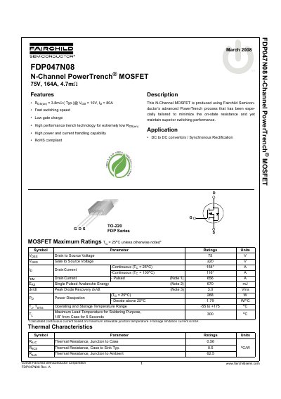 Fairchild FDP047N08 N-Channel PowerTrench MOSFET Datasheet - cover page
