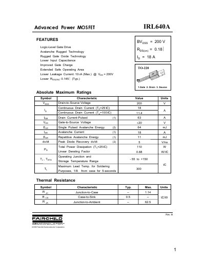 Fairchild IRL640A Power MOSFET Datasheet - cover page