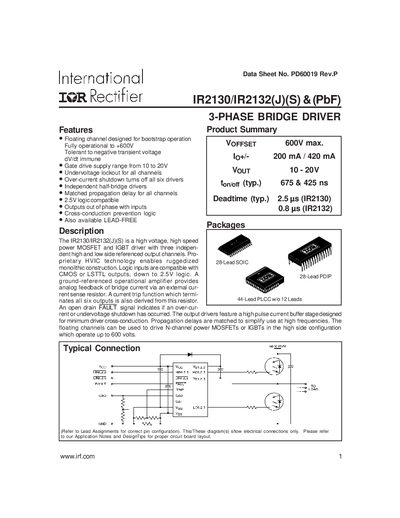 lnternational IOR Rectifier IR2130/IR2132(J)(S) (PbF) 3-PHASE BRIDGE DRIVER handbook - cover page