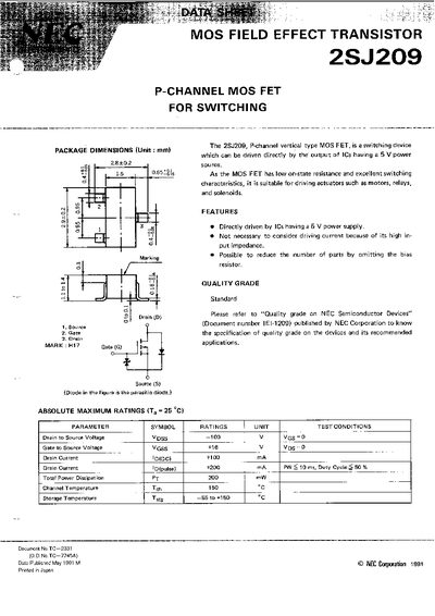 NEC 2SJ209 P-Channel MOS FET Datasheet - cover page
