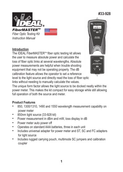 IDEAL FiberMASTER 33-928 Fiber Optic Testing Kit Instruction Manual - cover page