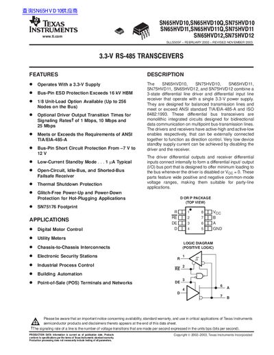 Texas Instruments SN65HVD10 RS‑485 Transceiver Datasheet