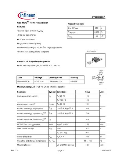 Infineon IPP60R199CP Power Transistor Datasheet - cover page