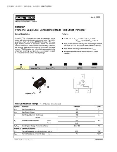 Fairchild FDN358P P-Channel Logic Level Enhancement Mode MOSFET Datasheet - cover page