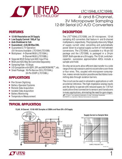 Linear Technology LTC1594L/LTC1598L 4‑Channel/8‑Channel 3V Micropower 12‑Bit Serial I/O ADC Handbook - cover page