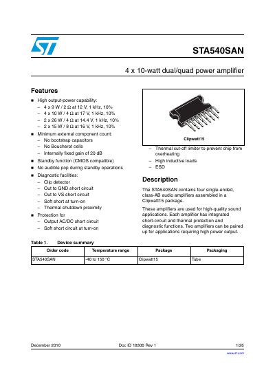 ST STA540SAN 4 x 10-watt dual/quad power amplifier handbook