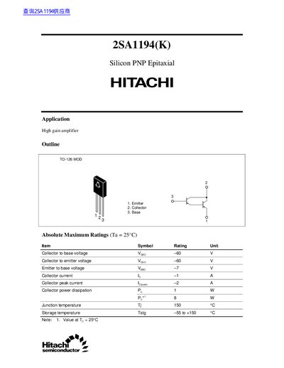 Hitachi 2SA1194(K) Transistor Datasheet - cover page
