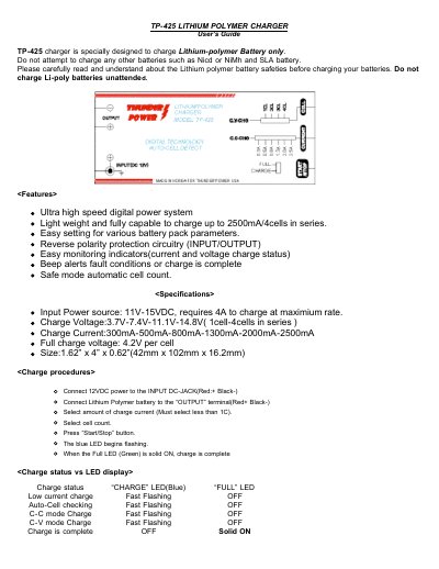Thunder Power TP-425 Lithium Polymer Charger User's Guide - cover page