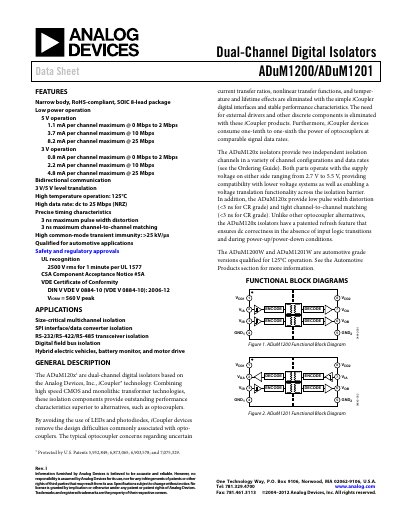 Analog Devices ADuM1200/ADuM1201 Dual-Channel Digital Isolator Datasheet - cover page