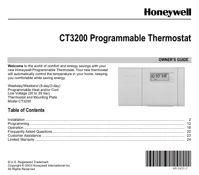 Honeywell CT3200 Programmable Thermostat Owner's Guide - cover page