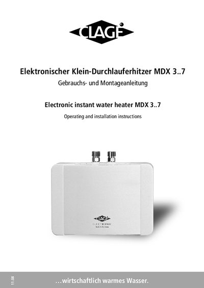 CLAGE MDX3..7 Water Heater User Manual - cover page
