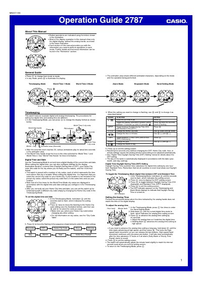 Casio 2787 Watch Operation Guide - cover page