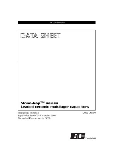 BCcomponents Mono-kap Series Leaded Ceramic Multilayer Capacitors Data Sheet - cover page
