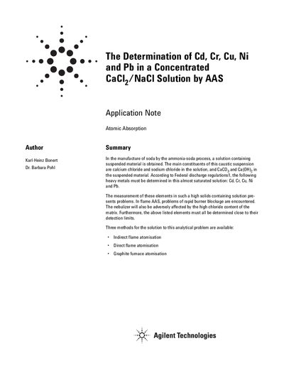 Agilent The determination of Cd Cr Cu Ni Pb in a concentrated CaCl2/NaCl solution by AAS Application Note - cover page