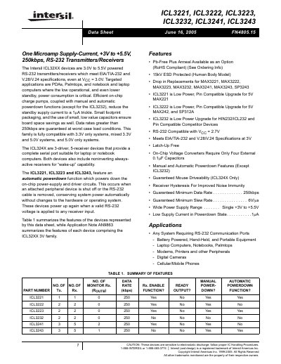 Intersil ICL3221 ICL3222 ICL3223 ICL3232 ICL3241 ICL3243 RS-232 Transceiver Datasheet - cover page