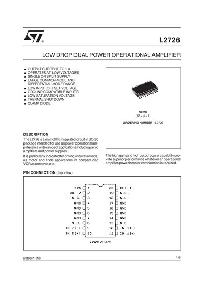 STMicroelectronics L2726 Low Drop Dual Power Operational Amplifier Datasheet - cover page