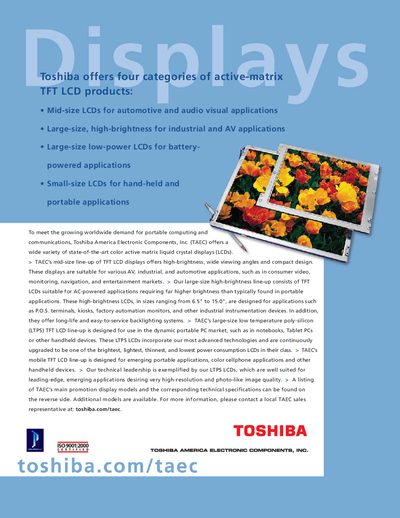 Toshiba LCD Display Product Line Catalog - cover page