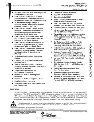Texas Instruments TMS320VC5421 Digital Signal Processor Datasheet - cover page