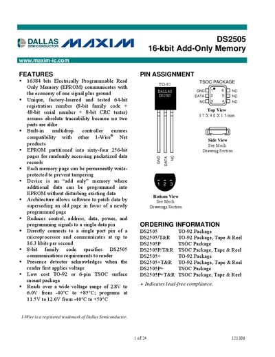 Maxim Integrated DS2505 16‑kbit Add‑Only Memory Datasheet - cover page