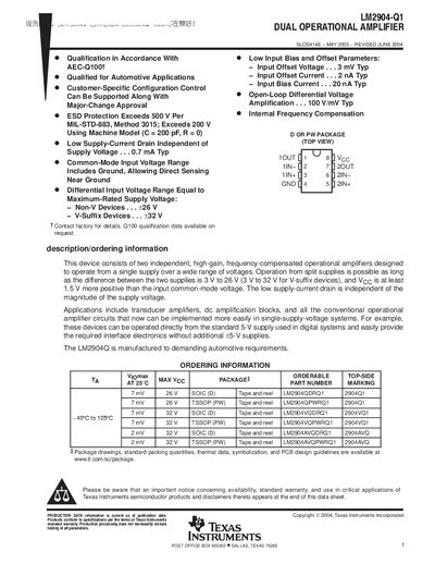 Texas Instruments LM2904-Q1 Dual Operational Amplifier Datasheet - cover page