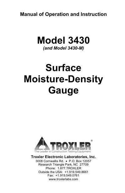Troxler Model 3430 Surface Moisture-Density Gauge Manual of Operation and Instruction - cover page