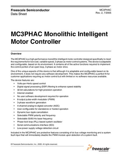 Freescale MC3PHAC Monolithic Intelligent Motor Controller Datasheet - cover page