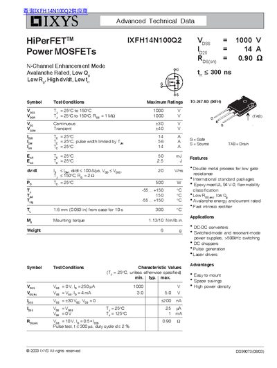 IXYS IXFH14N100Q2 Power MOSFET Datasheet - cover page