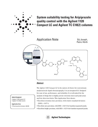 Agilent System suitability testing for Aripiprazole quality control with the Agilent 1120 Compact LC Agilent TC C18(2) columns Manual - cover page