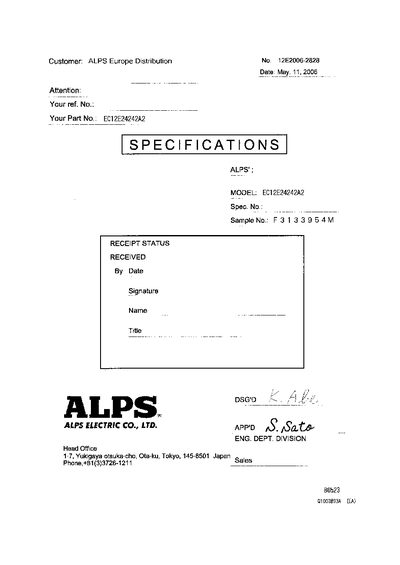 ALPS EC12E24242A2 Rotary Encoder Data Sheet - cover page