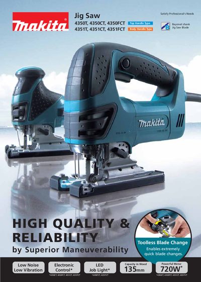 makita Jig Saw 4350T 4350CT 4350FCT 4351T 4351CT 4351FCT HIGH QUALITY RELIABILITY by Superior Maneuverability handbook - cover page