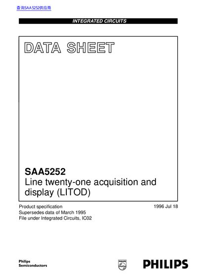 Philips SAA5252 Line Twenty-One Acquisition and Display Datasheet - cover page