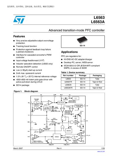 STMicroelectronics L6563/L6563A Advanced Transition‑Mode PFC Controller Datasheet - cover page