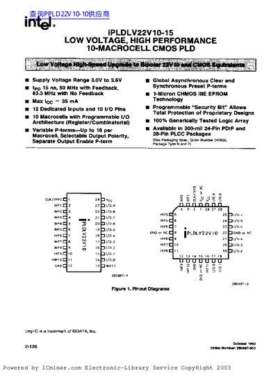 Intel iPLDLV22V10-15 Low Voltage CMOS PLD Datasheet - cover page