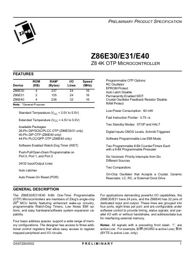 Zilog Z86E30/E31/E40 4K OTP Microcontroller Preliminary Specification - cover page