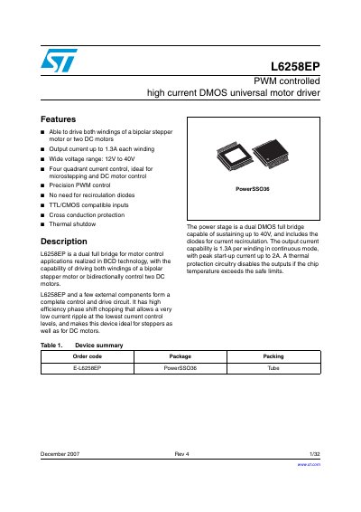 STMicroelectronics L6258EP PWM Motor Driver Datasheet