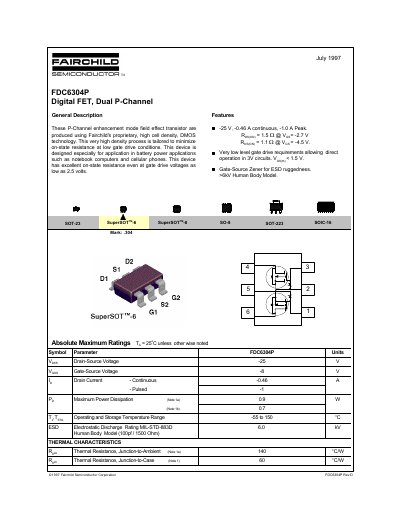 Fairchild Semiconductor FDC6304P Digital FET Datasheet - cover page