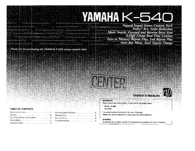 Yamaha K-540 Stereo Cassette Deck Owner's Manual - cover page