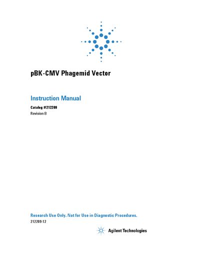 Agilent pBK-CMV Phagemid Vector Instruction Manual - cover page