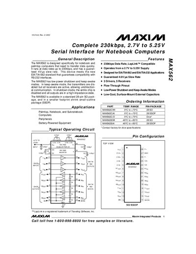 Maxim MAX562 Serial Interface Datasheet - cover page