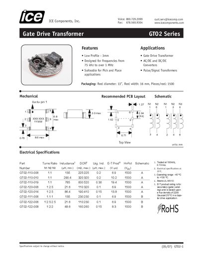 ICE Components GT02 Series Gate Drive Transformer Datasheet - cover page